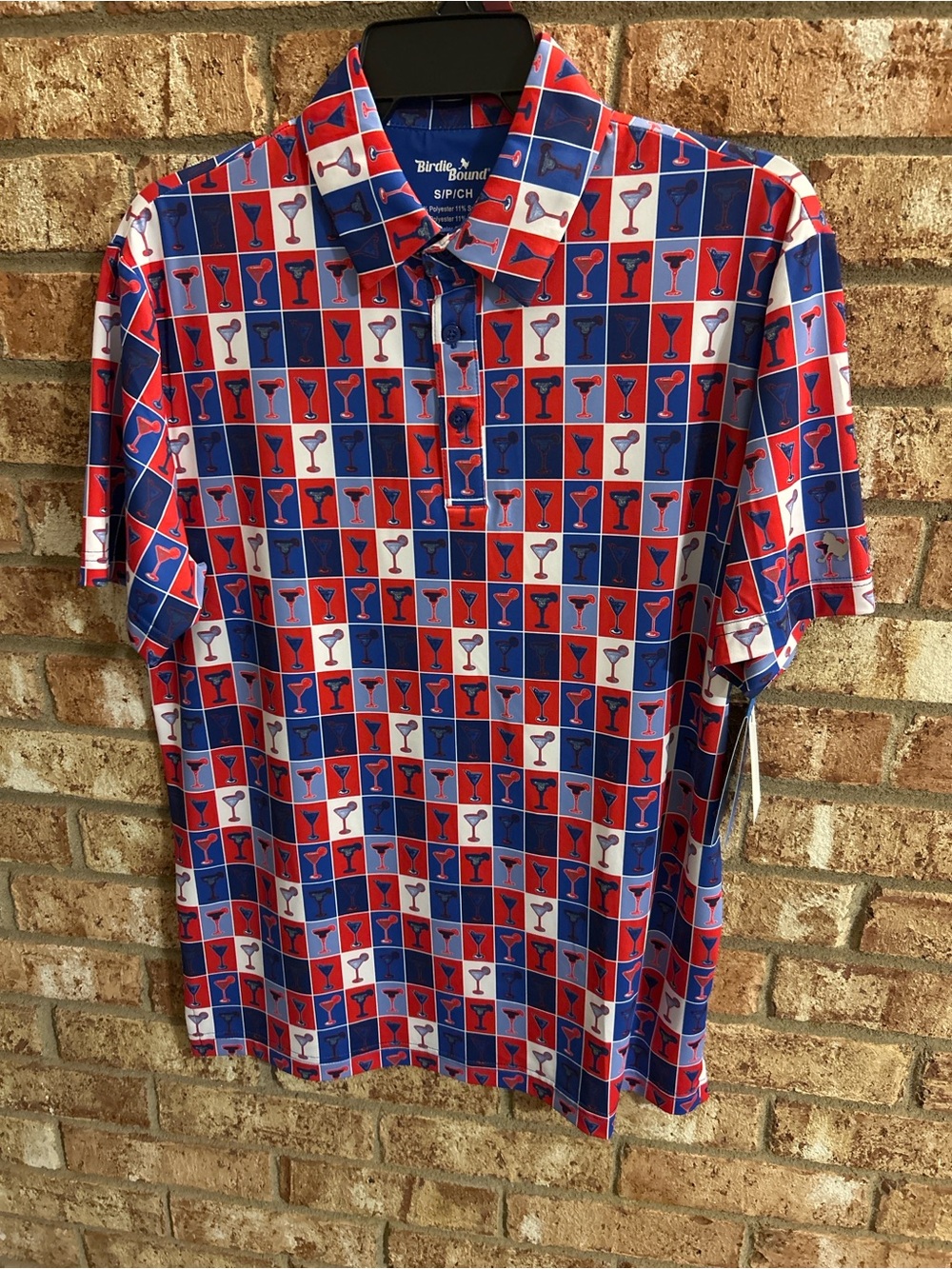 Birdie Bound Men's Red & Blue Cocktail Print Short Sleeve Golf Polo Size Small